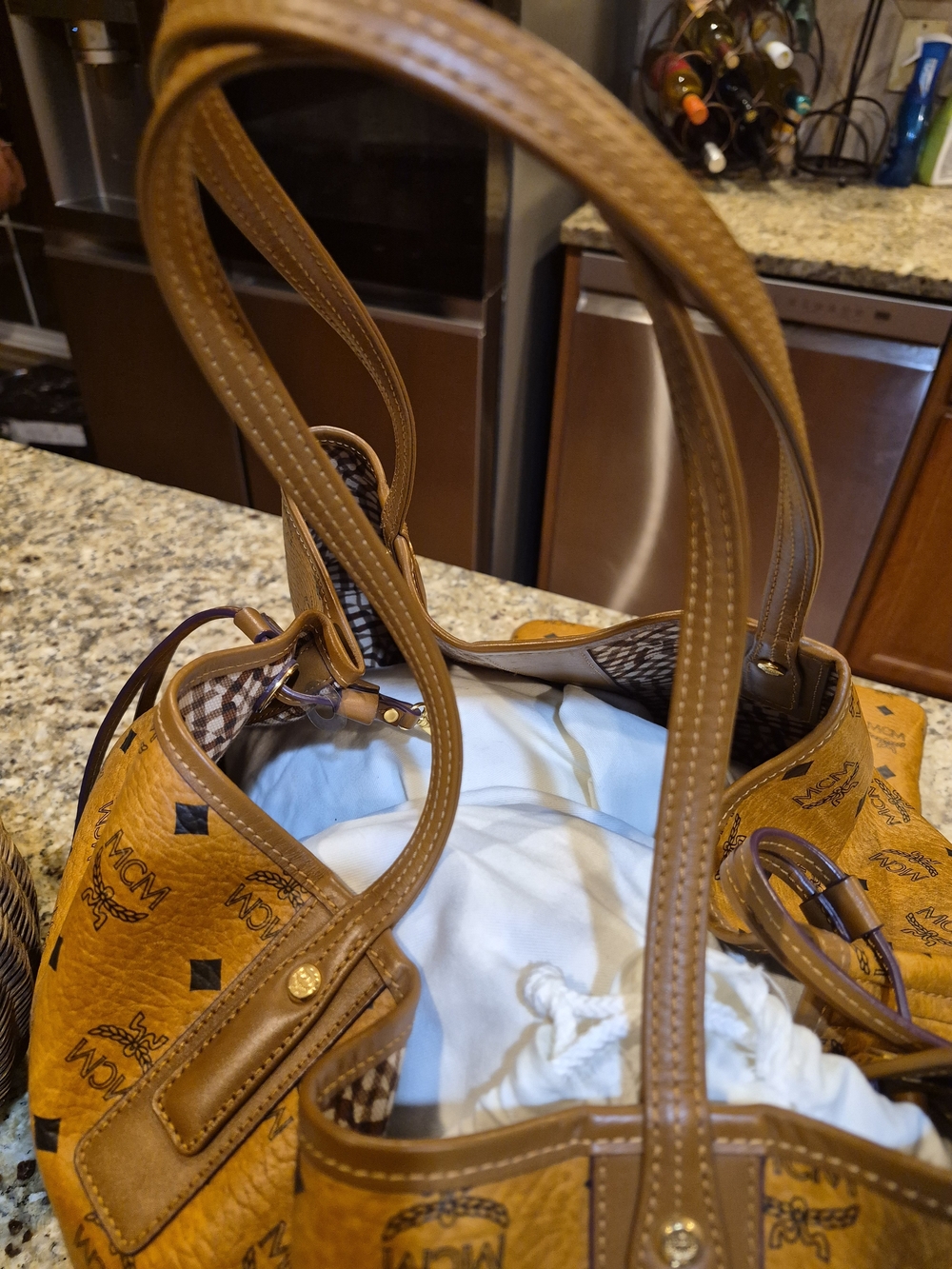 MCM Cognac Visetos Logo Tote with Matching Pouch - Picture 5 of 8